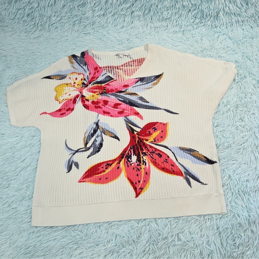 Chico's Floral Print Dolman Pullover Sweater Short Sleeve V-Neck Cream Pink XL